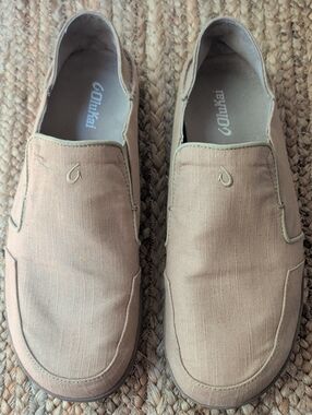 OluKai Men’s Nohea Twill Slip-On Loafers in  Tan Canvas